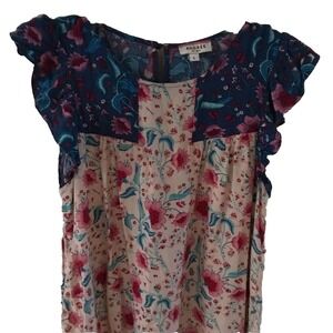Andree by Unit Floral Blouse Women's M Short Ruffle Sleeve Casual Blue Pink